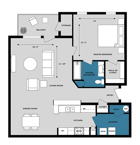 Floor plan for 1 bed, 1 bath, 975 sqft